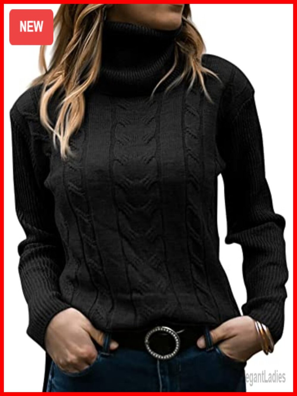 Turtleneck Long Sleeve Cable Knit Sweater Pullover Slim Fit